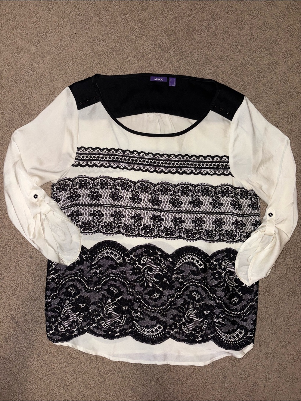 Mexx Women’s Size CA 32 (US 2) White Blouse with Black Lace Yoke Panels Light